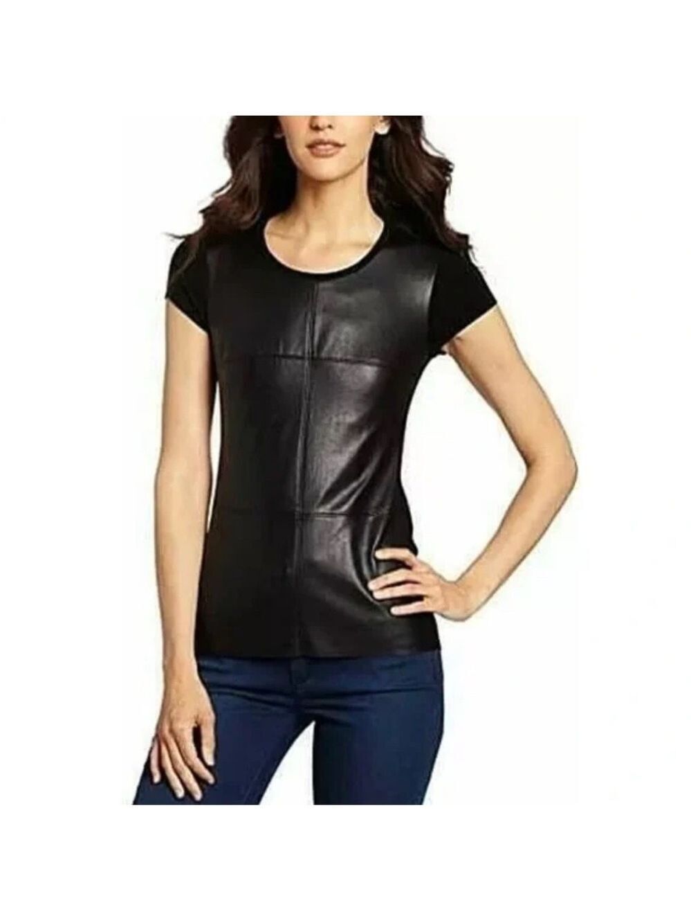 Bailey 44 Black Faux Leather Short Sleeve stretch Top size xs